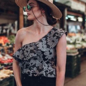 Zara Black Floral One Shoulder Ruffle Top Sz M